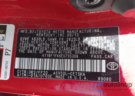 2014 Toyota Camry Se from USA, damaged, VIN 4T1BF1FK6EU735308